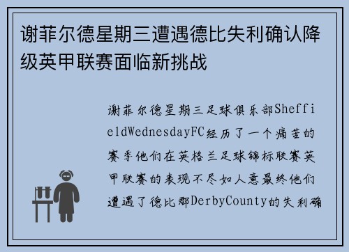 谢菲尔德星期三遭遇德比失利确认降级英甲联赛面临新挑战